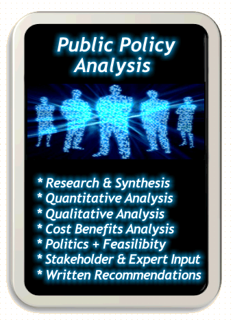 Public Policy Analysis services provided by Laura Rose.  Research, Synthesis, Quantitative Analysis, Qualitative Analysis, Cost Benefits Analysis, Politics, Feasibility, Stakeholder Input, Expert Input, Written Recommendations and more!