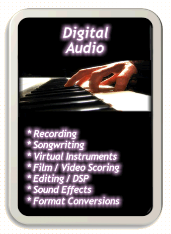 Digital Audio services provided by Laura Rose.  Recording, Songwriting, Virtual Instruments, Film Scoring, Video Scoring, Editing, Digital Signal Processing (DSP), Sound Effectst (FX), Format Conversions, and more!