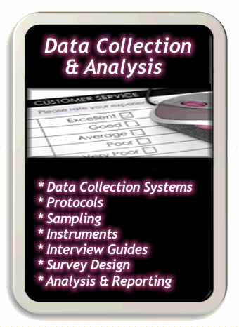 Data Collection and Analysis services provided by Laura Rose.  Data Collection Systems, Protocols, Sampling, Instruments, Interview Guides, Survey Design, Analysis, Reporting and more!