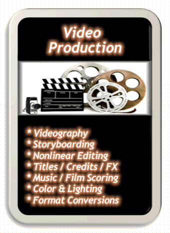 Video Production services provided by Laura Rose.  Videography, Storyboarding, Nonlinear Editing, Titles, Credits, Special Effects (FX), Music, Film Scoring, Color, Lighting, Set, Production, Format Conversions, and more!