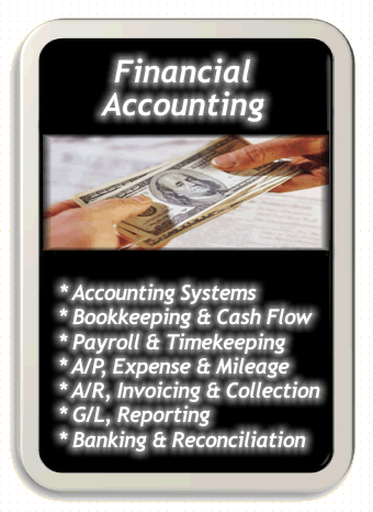 Financial Accounting services provided by Laura Rose.  Accounting Systems, Bookkeeping, Cash Flow, Payroll, Timekeeping, Accounts Payable, Expense, Mileage, Accounts Receivable, Invoicing, Collection, General Ledger, Reporting, Banking, Reconciliation and more!