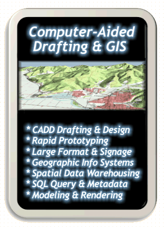Computer-Aided Drafting, Design and GIS services provided by Laura Rose.  Computer Aided Drafting and Design, Rapid Prototyping, Large Format, Signage, Geographic Information Systems (GIS), Spatial Data Warehousing, SQL Query, Metadata, Modeling, Rendering, and more!