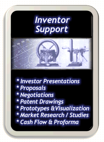 Inventor Support services provided by Laura Rose.  Investor Presentations, Proposals, Negotiations, Patent Drawings, Prototypes and Visualization, Market Research and Analysis, Cash Flow, Proformas and more!