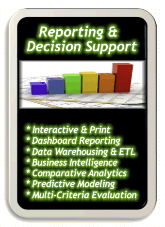 Reporting and Decision Support services provided by Laura Rose.  Interactive and Print, Dashboard Reporting, Data Warehousing, ETL, Business Intelligence, Comparative Analytics, Predictive Modeling, Multi-Criteria Evaluation, and more!